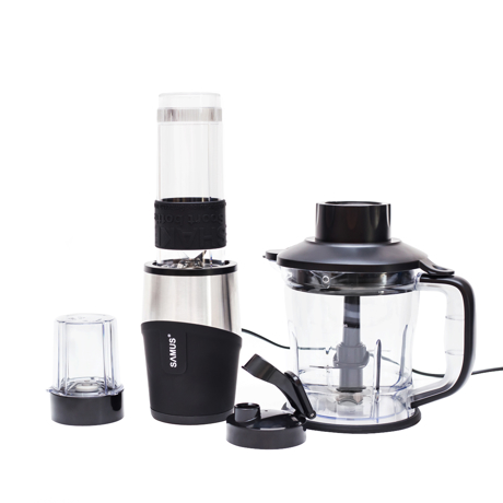 Blender Samus Multimix 3-in-1, 600 W, Functie Pulse, Vas mixare 0.57 L, Vas tocare 1.2 L, Râşniţă, Negru/Inox